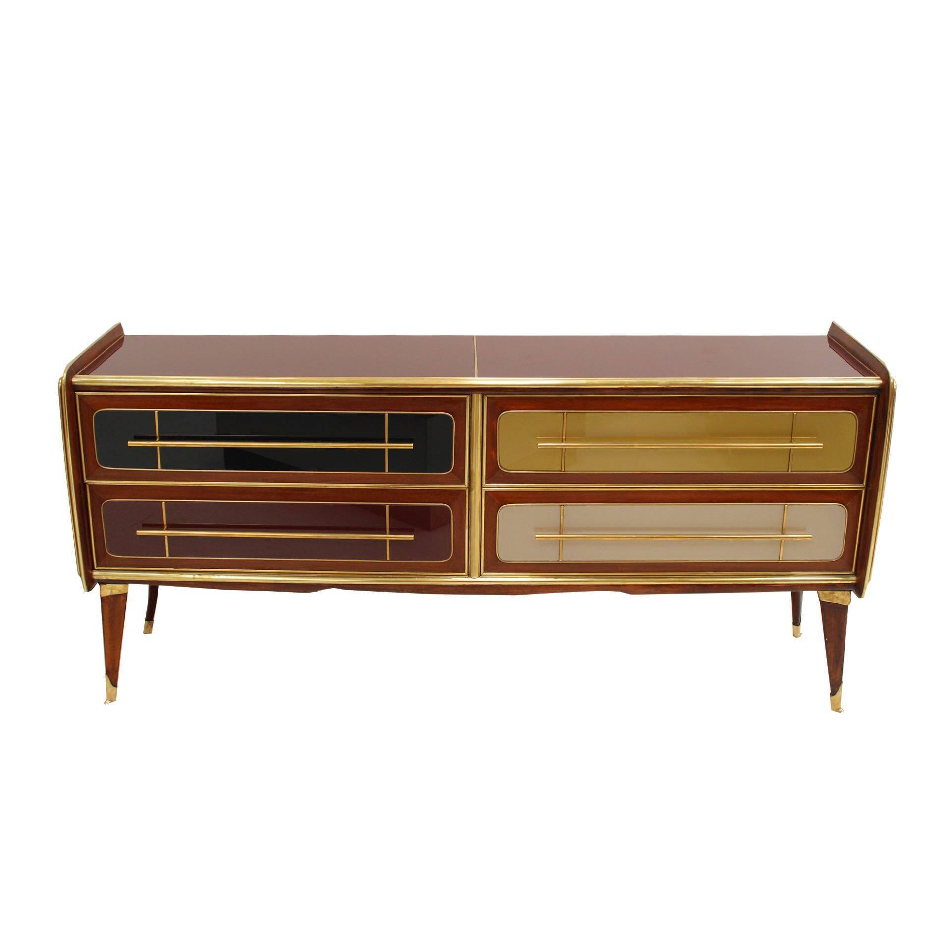 Italain Sideboard Made Of Solid Wood And Covered With Colored Glass 1950S