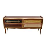 Italain Sideboard Made Of Solid Wood And Covered With Colored Glass 1950S
