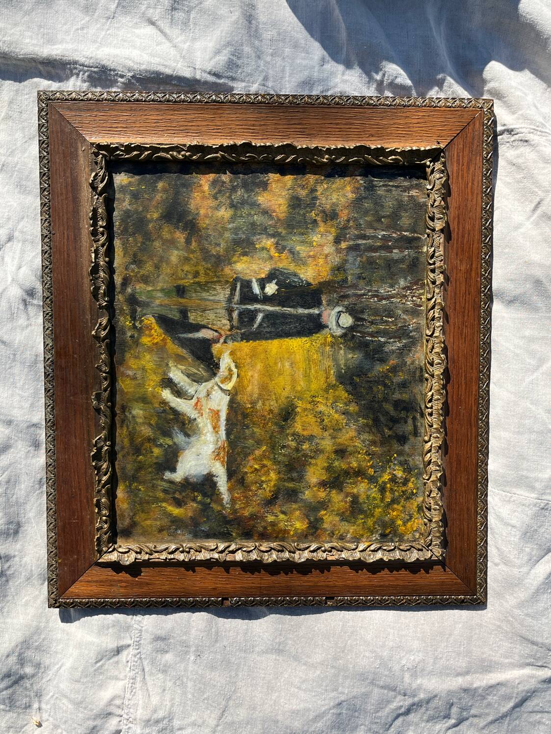 Tableau chasseur et chien ancien