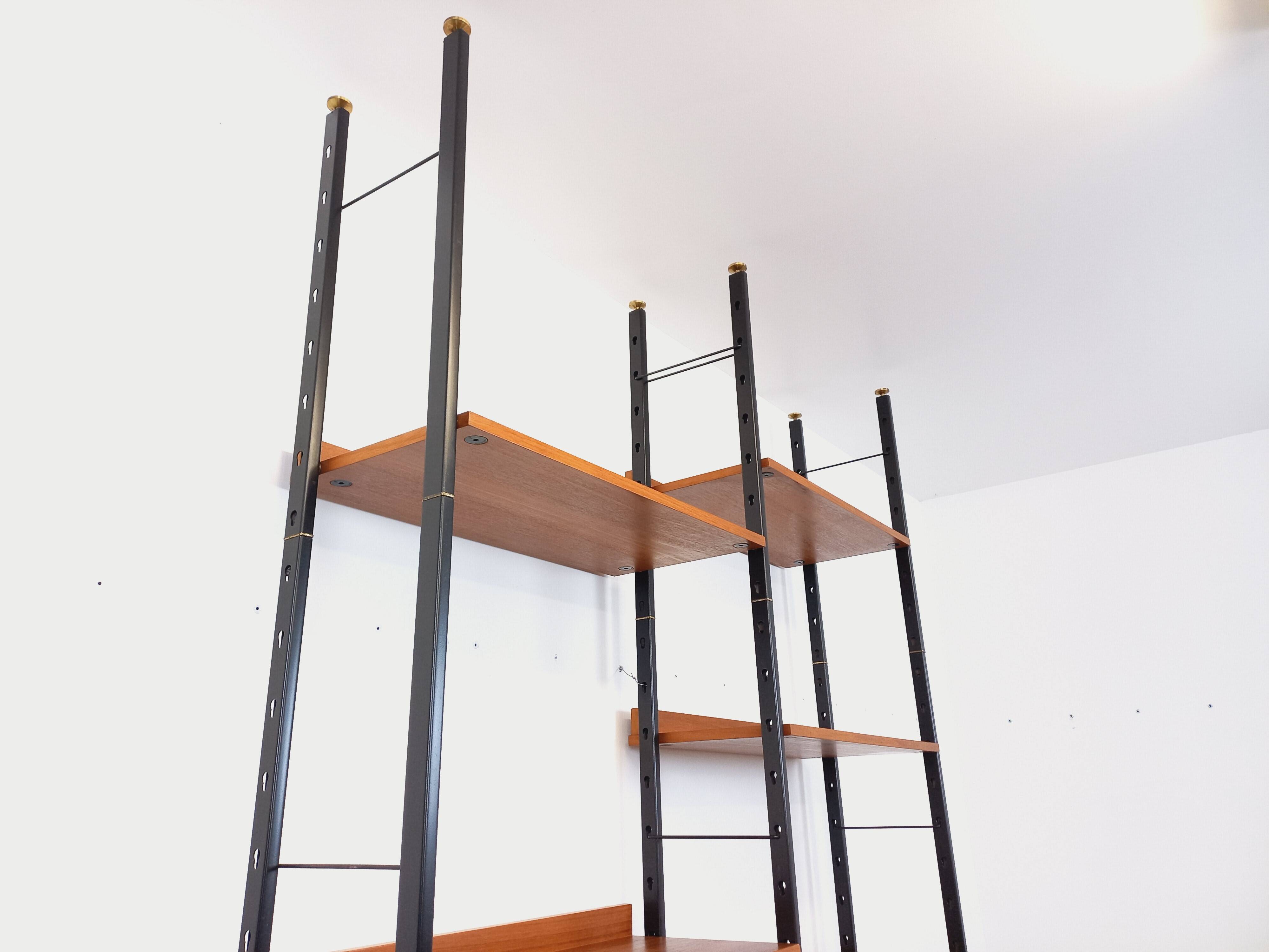 Vintage Italian double modular shelf bookcase in teak and metal