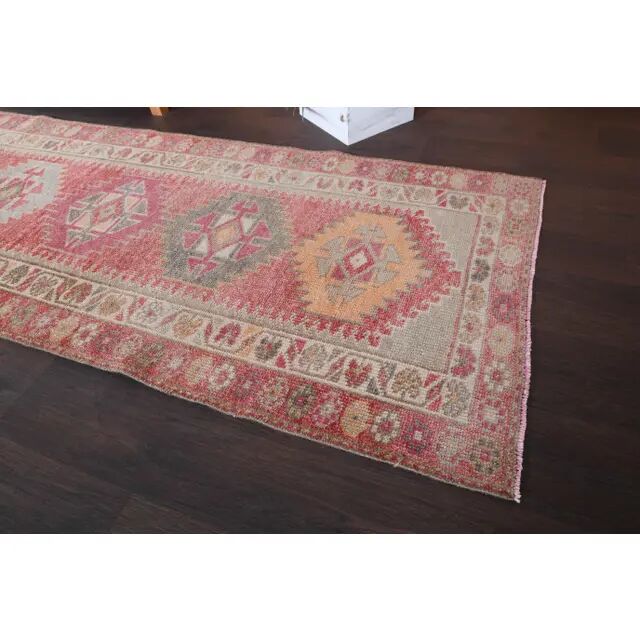 1970s Vintage Turkish Hand-Knotted Wool Cotton Red Runner Rug 82x334