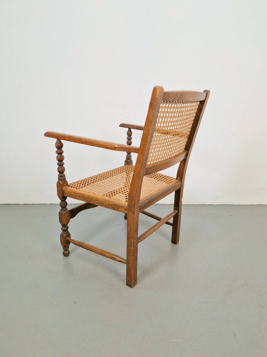 Arts & Crafts Dutch Spool Chair in Oak and Rattan, 1930s