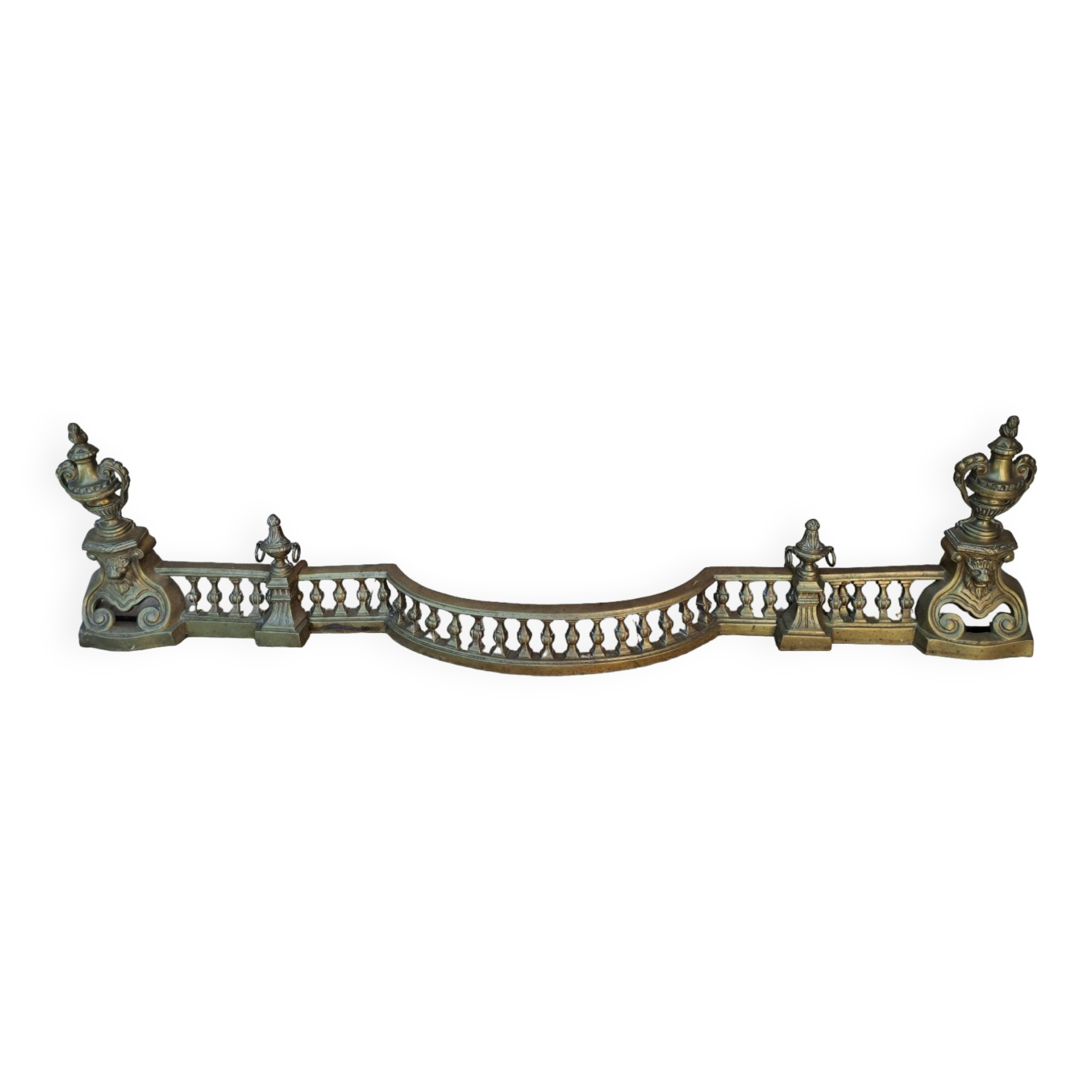 Louis XVI style bronze andirons and fireplace bar