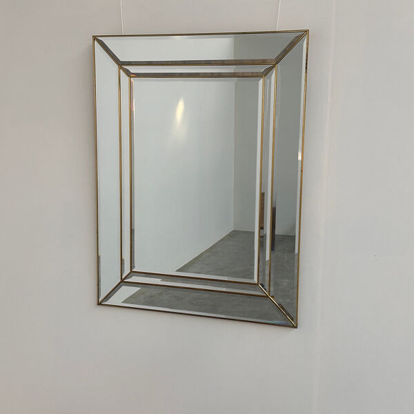 Miroir mural en laiton vintage biseauté, grand miroir Hollywood Regency, Mid-Century Modern