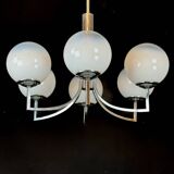 Six arms chandelier in murano glass spheres and chrome. Italy 1960s