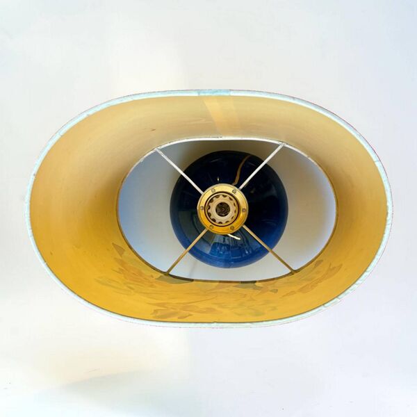 Lampe en céramique bleu vintage Kintsugi et abat-jour soie peinte fleur