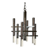Grande suspension des années 70 en métal chromé et plexiglas par Sciolari
