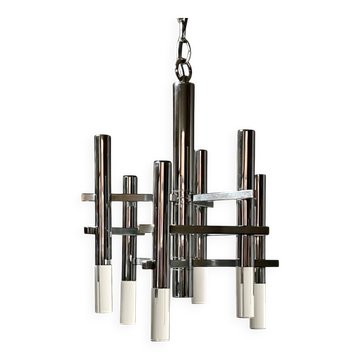 Large 70s Pendant Lamp in Chrome Metal and Perspex by Sciolari
