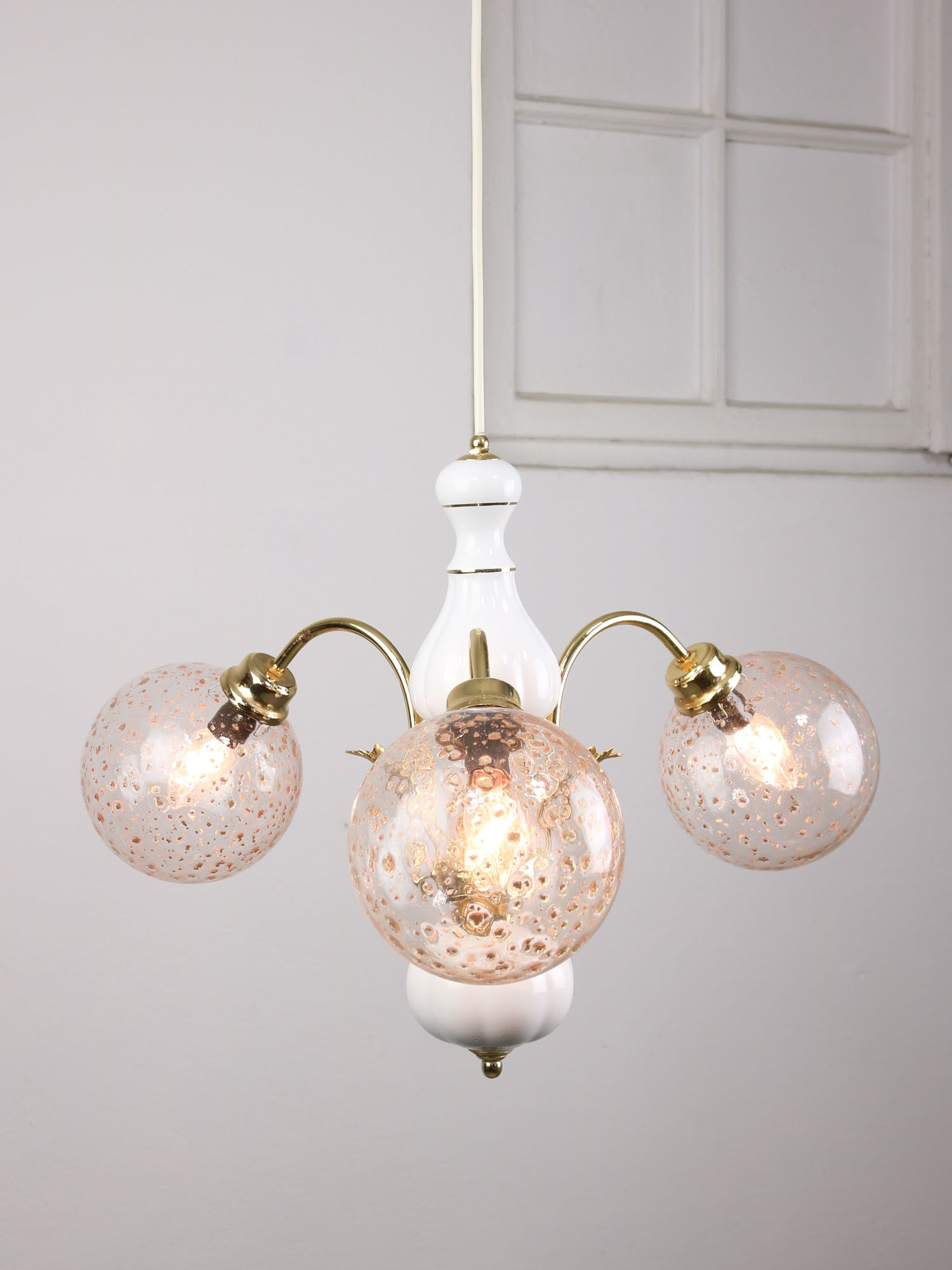 Vintage Italian Golden Ceramic & Glass Chandelier
