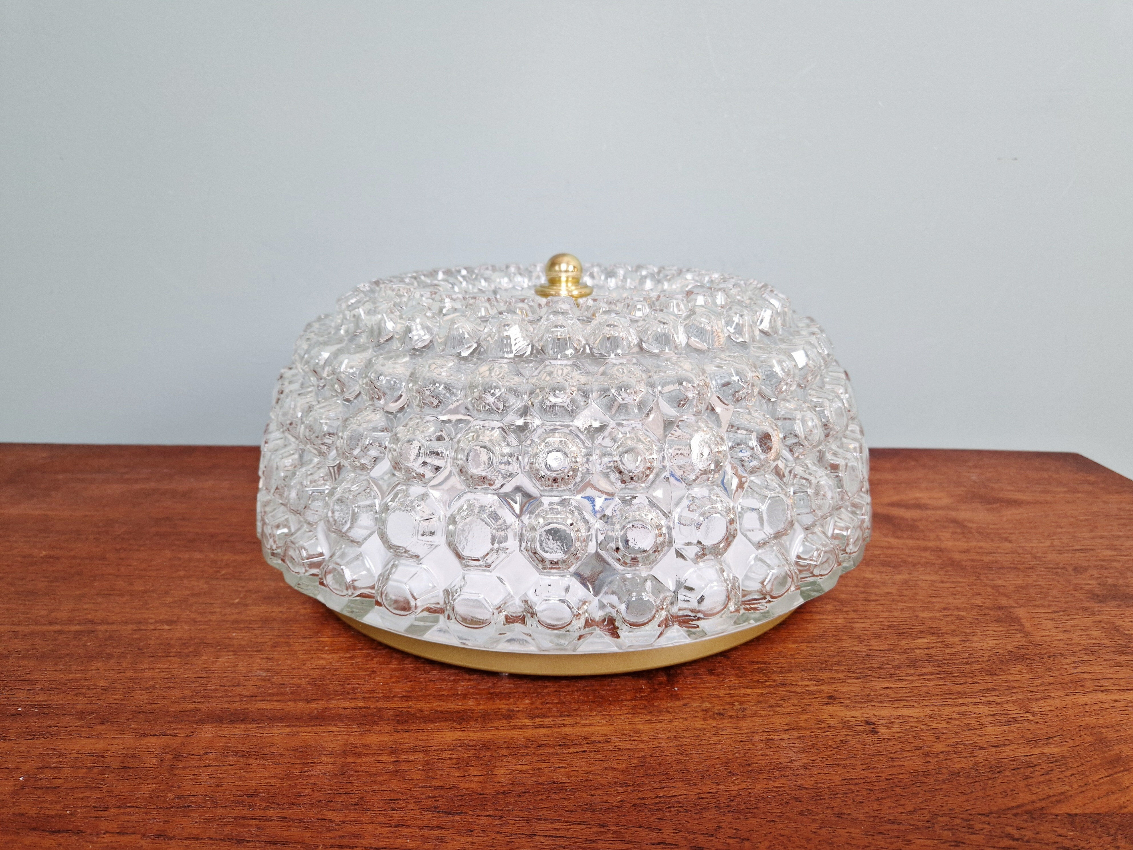 Large honeycomb glass ceiling light and brass, Glasshütte Limburg, 1970