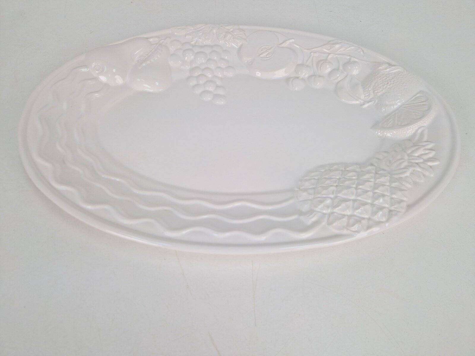Vintage Large White Majolica Serving Bowl with Relief Fruits by A. Santos, Portugal, 1970s