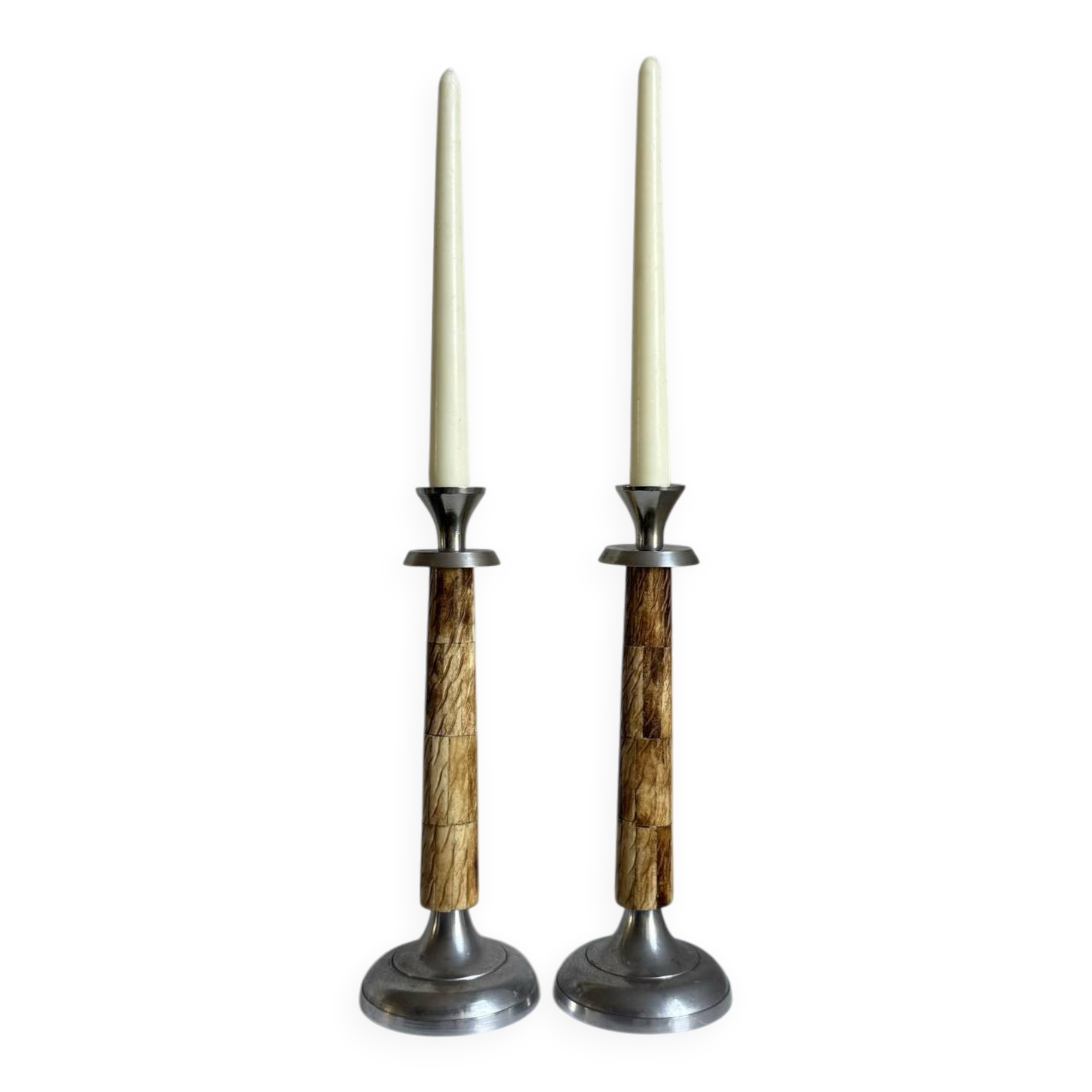 A Pair Of Vintage Mid Century Modern Metal With Faux Bone Candle Holde