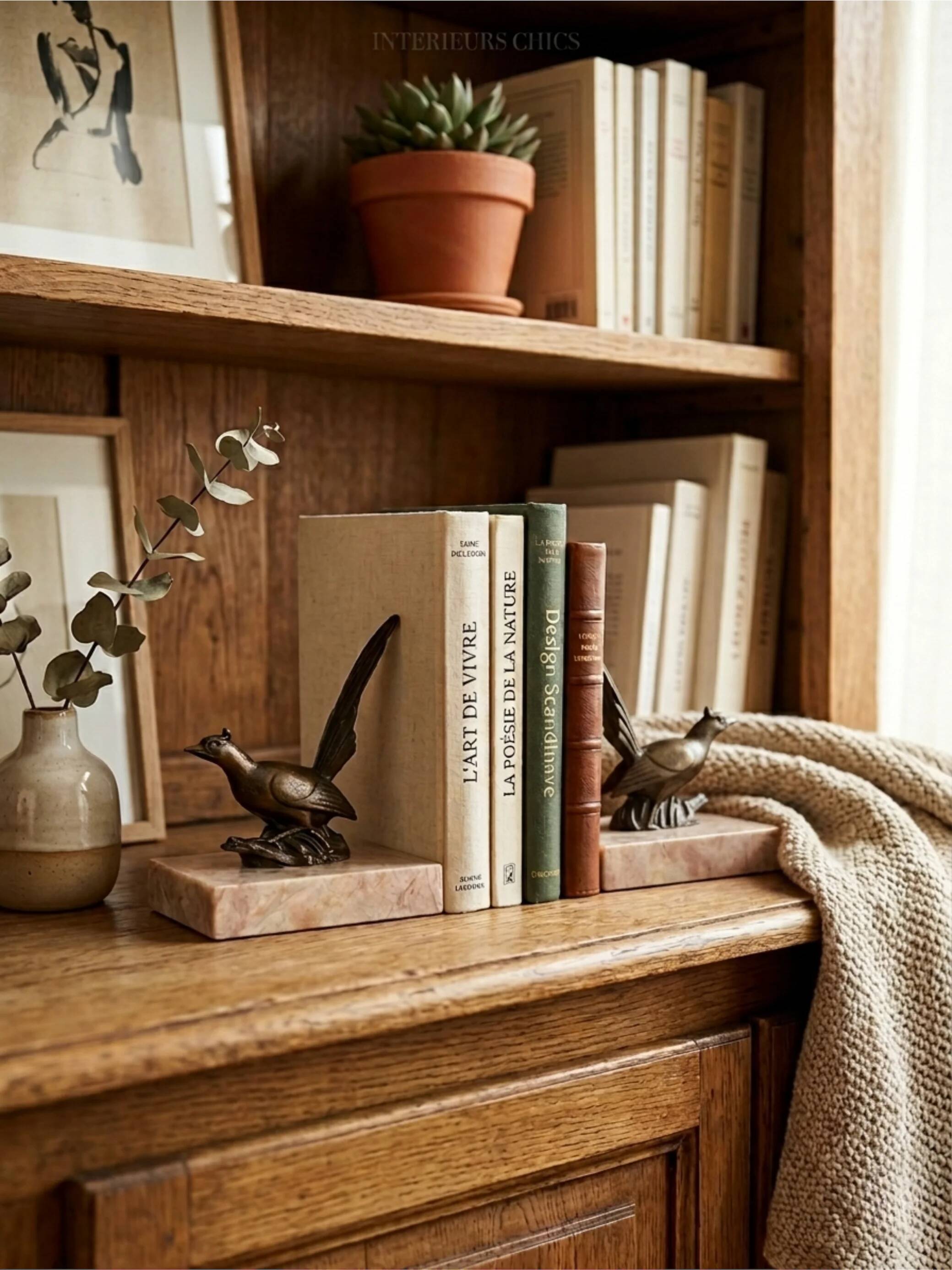 Art Deco bookends with birds – patinated metal and pink marble