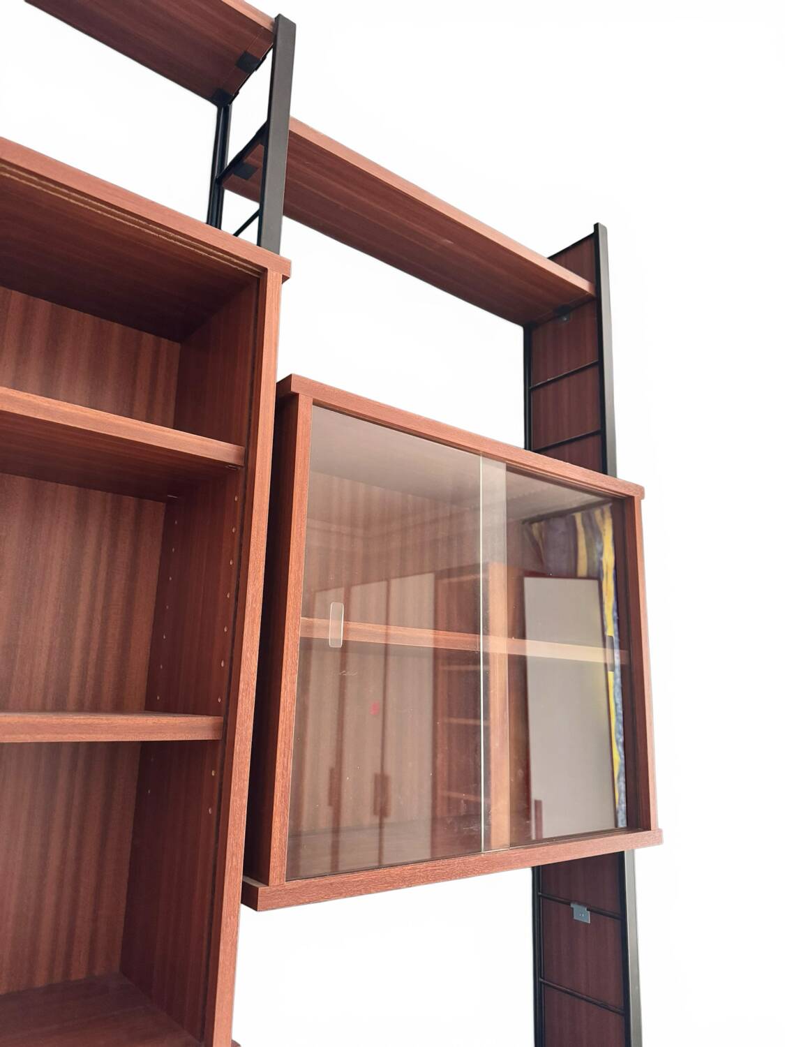 Scandinavian modular library shelves - lacquered mahogany metal 1970