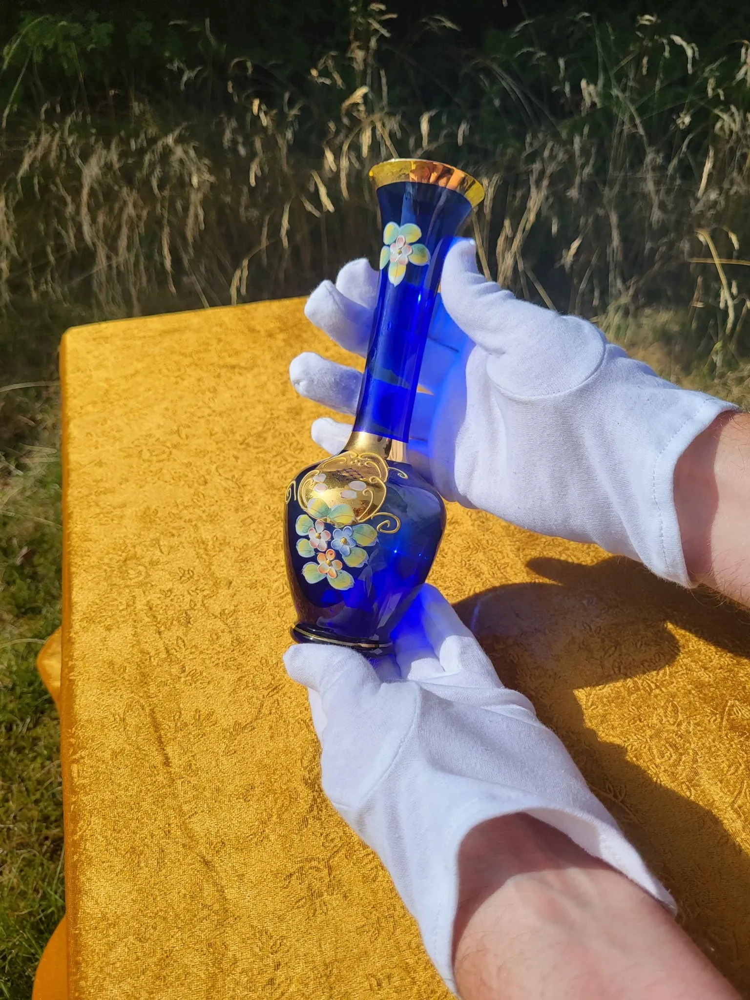 Vintage Bohemian Cobalt Blue Glass Bud Vase | 24K Gold Gilt & Hand-Painted