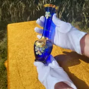 Vintage Bohemian Cobalt Blue Glass Bud Vase | 24K Gold Gilt & Hand-Painted