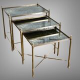 Nest of table from “maison bagués 1970” in gilt bronze and glass tops