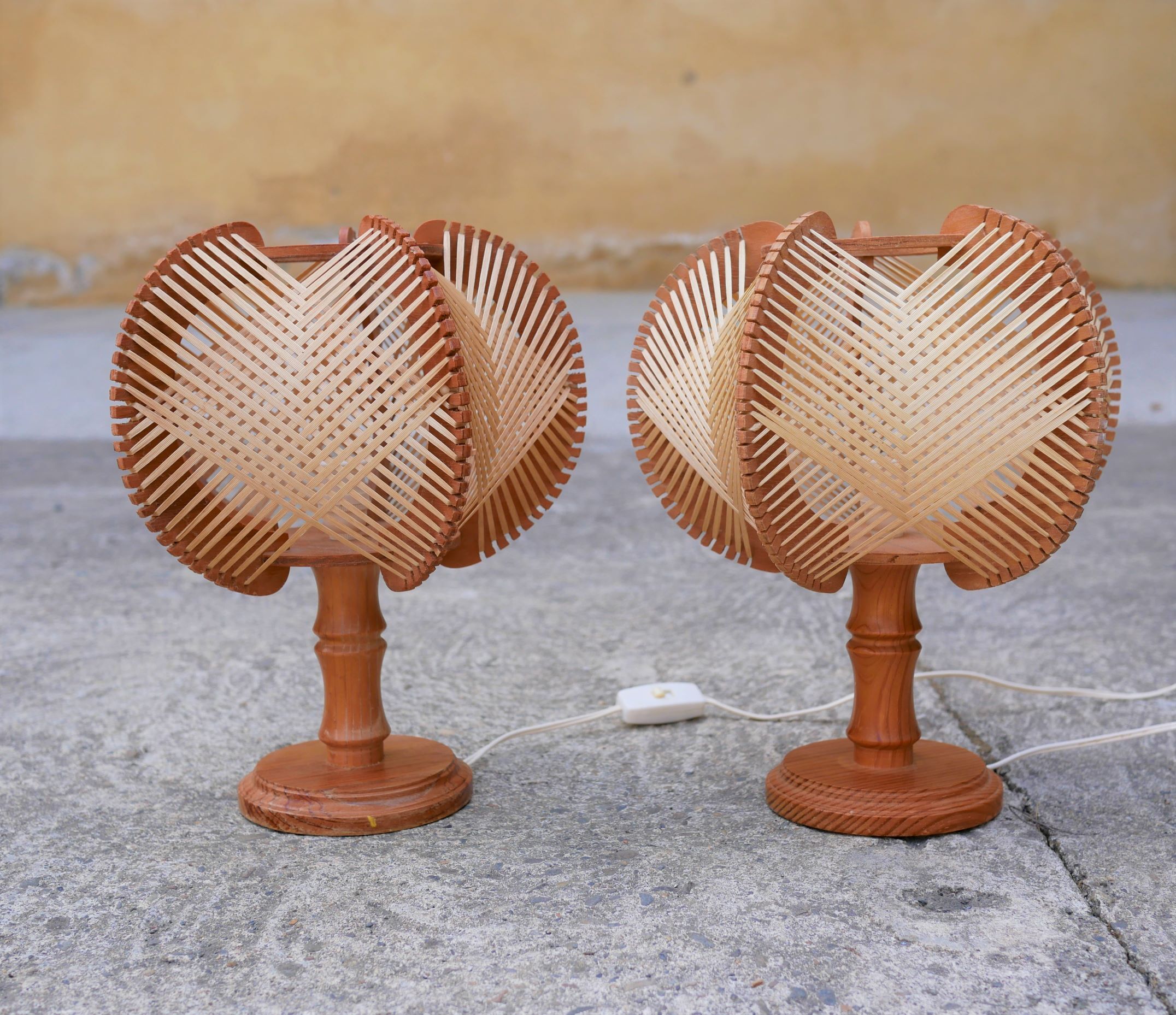 Pair of Scandinavian vintage wood and wire bedside lamps
