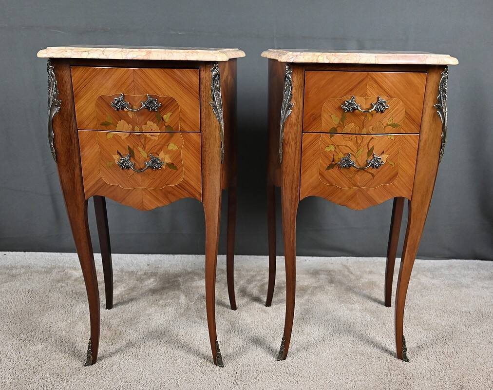 Pair of bedside tables in rosewood marquetry, Louis XV style – 2nd half of the 20th century