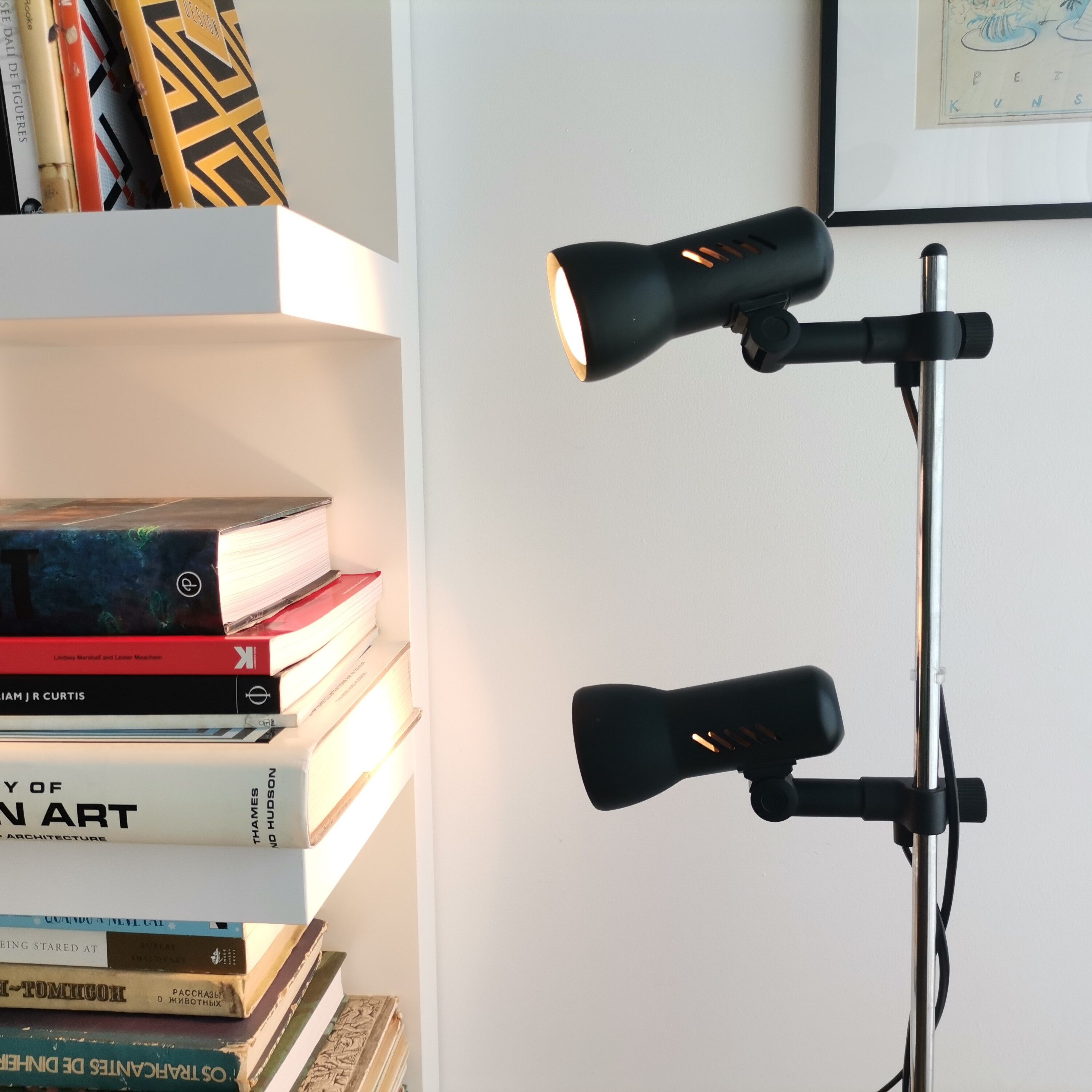 Mid century modern black metal floor lamp with 2 spot lights