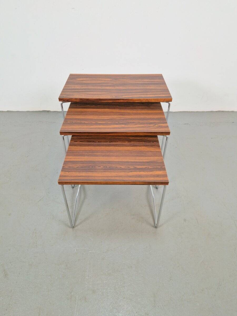 Tables gigognes en chrome et bois de Brabantia, années 1970, ensemble de 3
