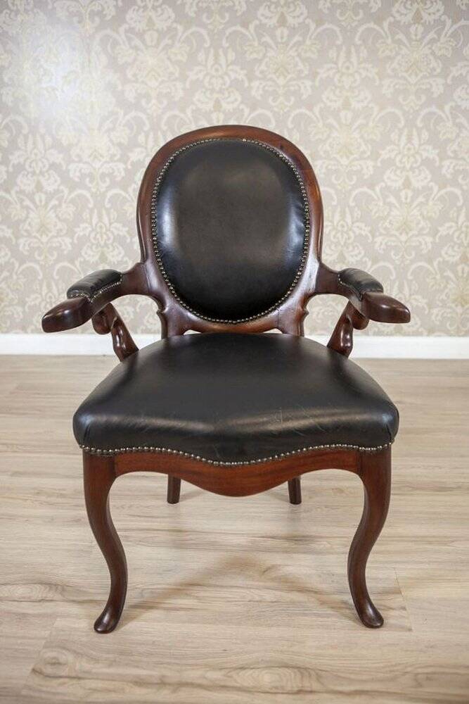 Late 19th Century Mahogany Armchair in Black Leather, 1890s