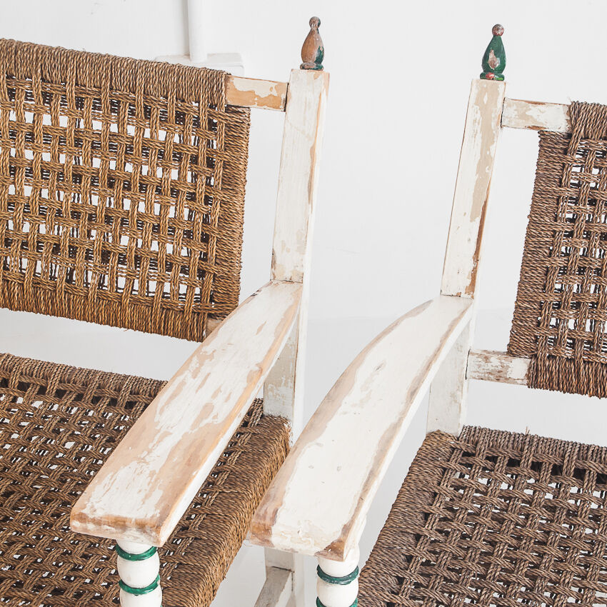 Set of vintage wooden and woven rope armchairs with a matching table. Spain, 1960s.
