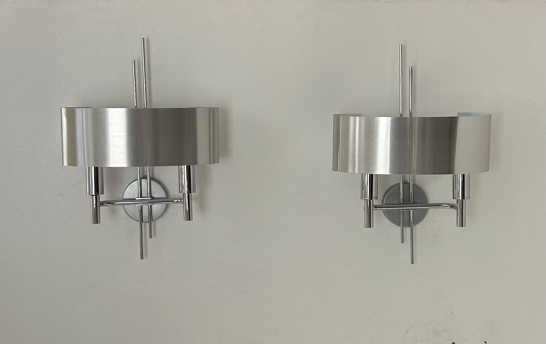 Pair of vintage wall lights, brushed metal and chrome, France 1960