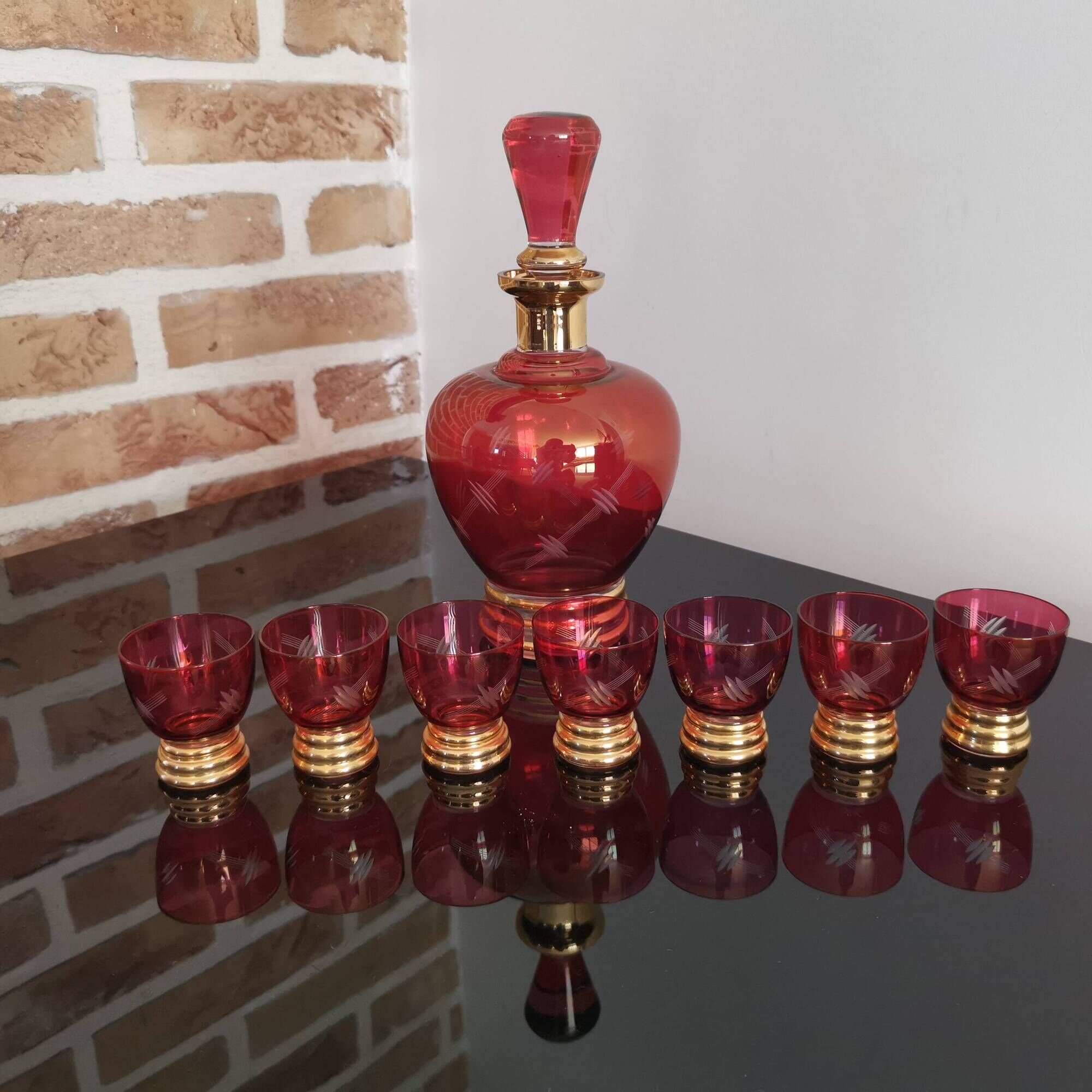 Set of 7 Art Deco glasses and carafe, Verrerie de Monaco Monte Carlo