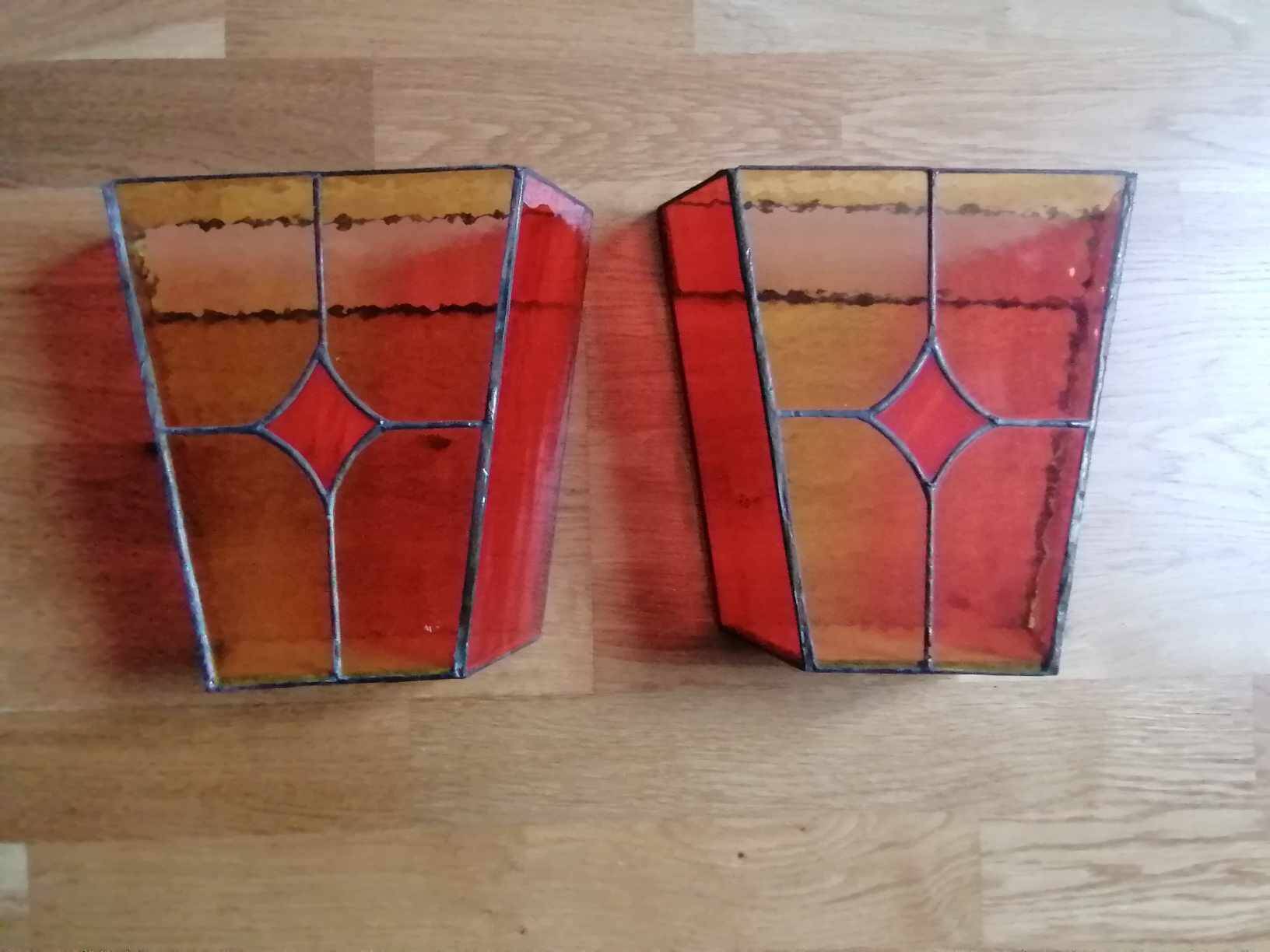 Pair of vintage stained glass and glass paste wall lights.