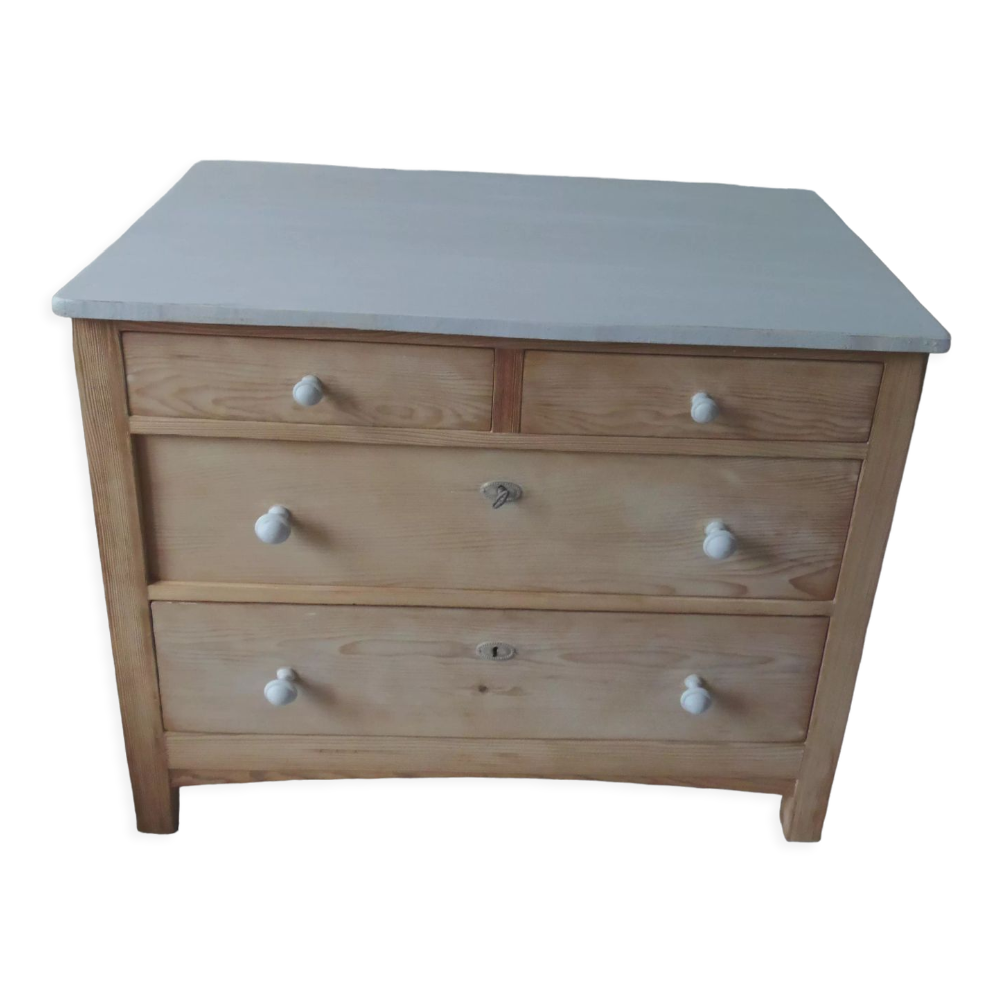 Vintage raw pitchpin chest of drawers, pearl grey patinated drawer tray buttons