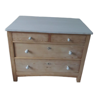 Vintage raw pitchpin chest of drawers, pearl grey patinated drawer tray buttons