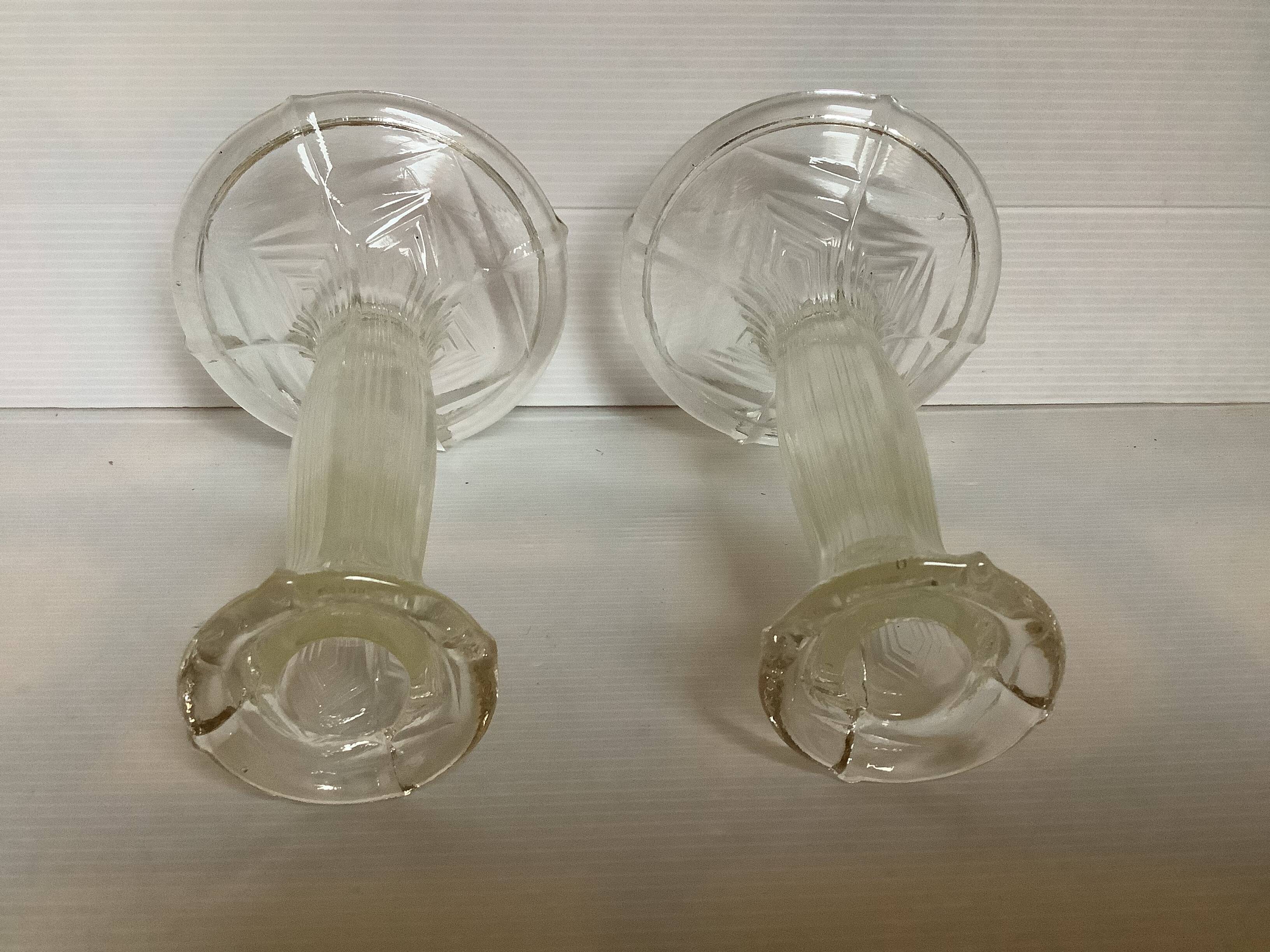 Pair of geometric art deco molded glass candlesticks