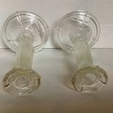 Pair of geometric art deco molded glass candlesticks
