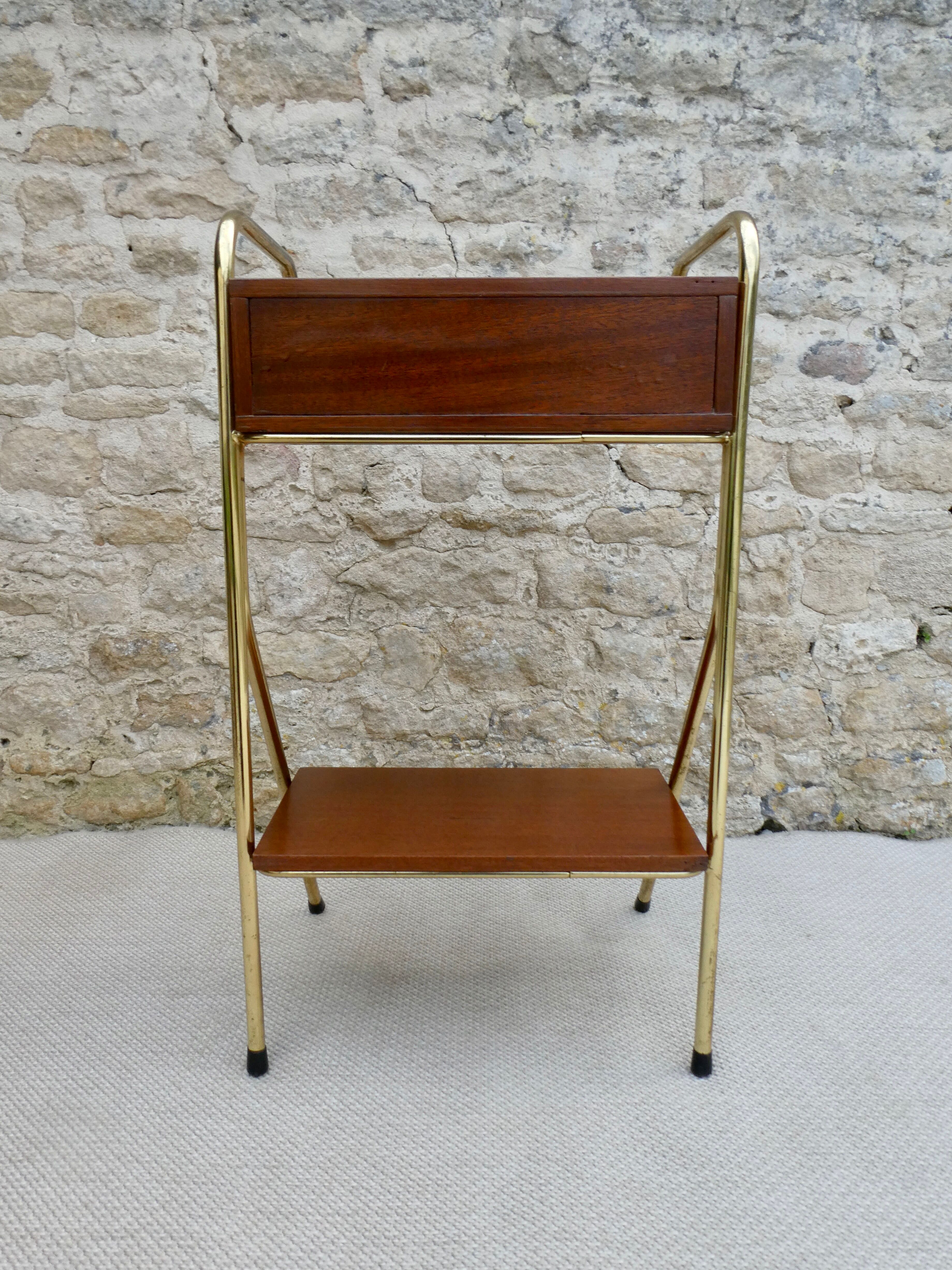 Bedside table in wood and metal, vintage, 50s-60s