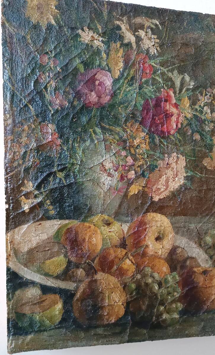 19th-century oil painting on canvas depicting a vase of fruit with flowers.