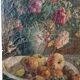 19th-century oil painting on canvas depicting a vase of fruit with flowers.