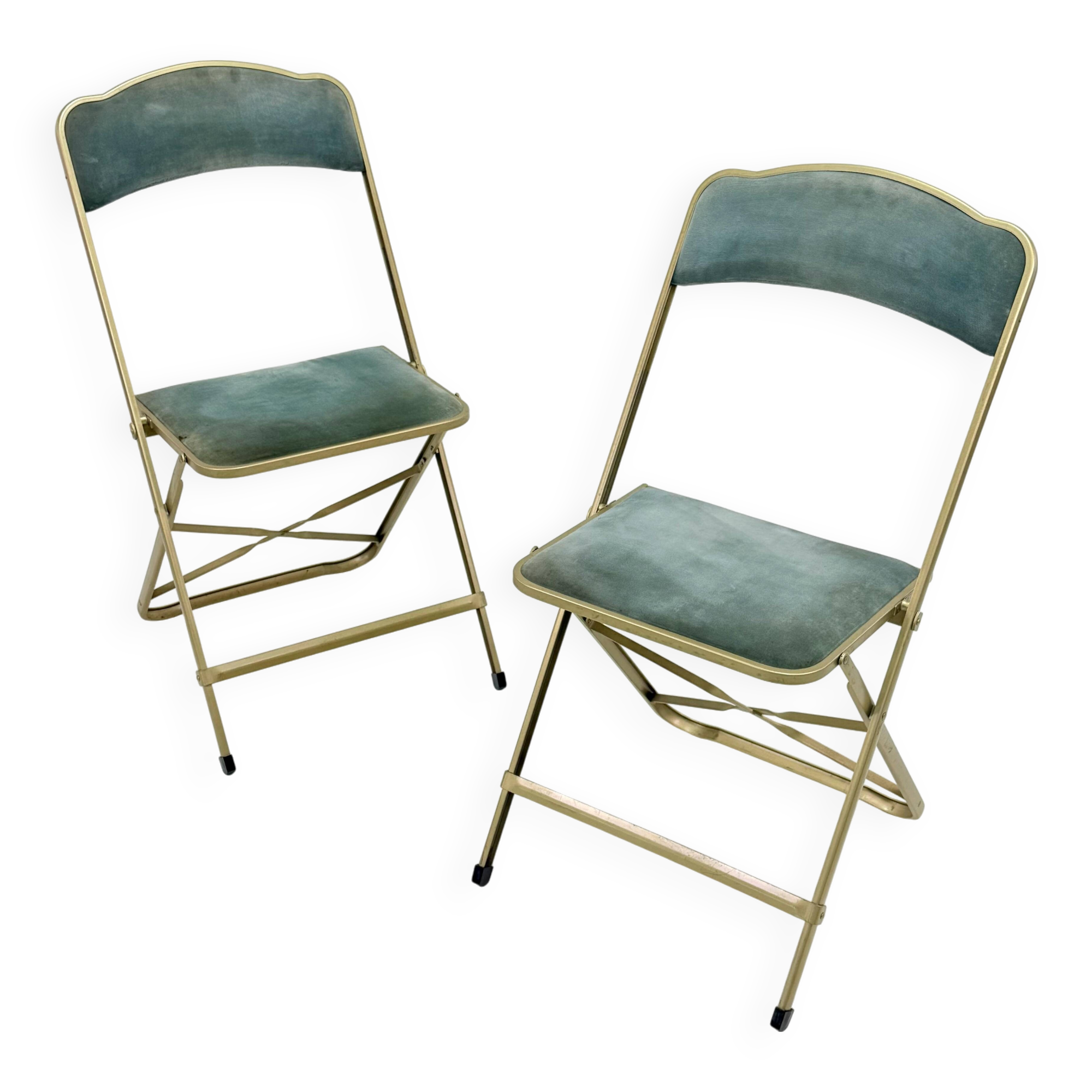 Old pair of chaisor folding chairs - metal & velvet - vintage 60's 70's