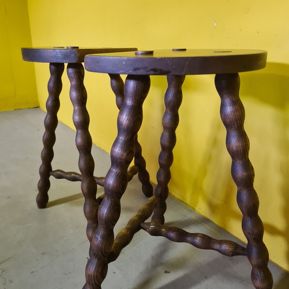 Set vintage french wooden peasant stools, from the 1970
