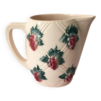 Pitcher in slip with grape decorations stamped Digoin Sarreguemines, Numbered 11 (1920/1950)