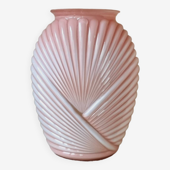 Anchor Hocking Fan Pink Molded Glass Vase Circa 1980