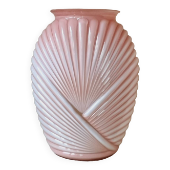 Anchor Hocking Fan Pink Molded Glass Vase Circa 1980