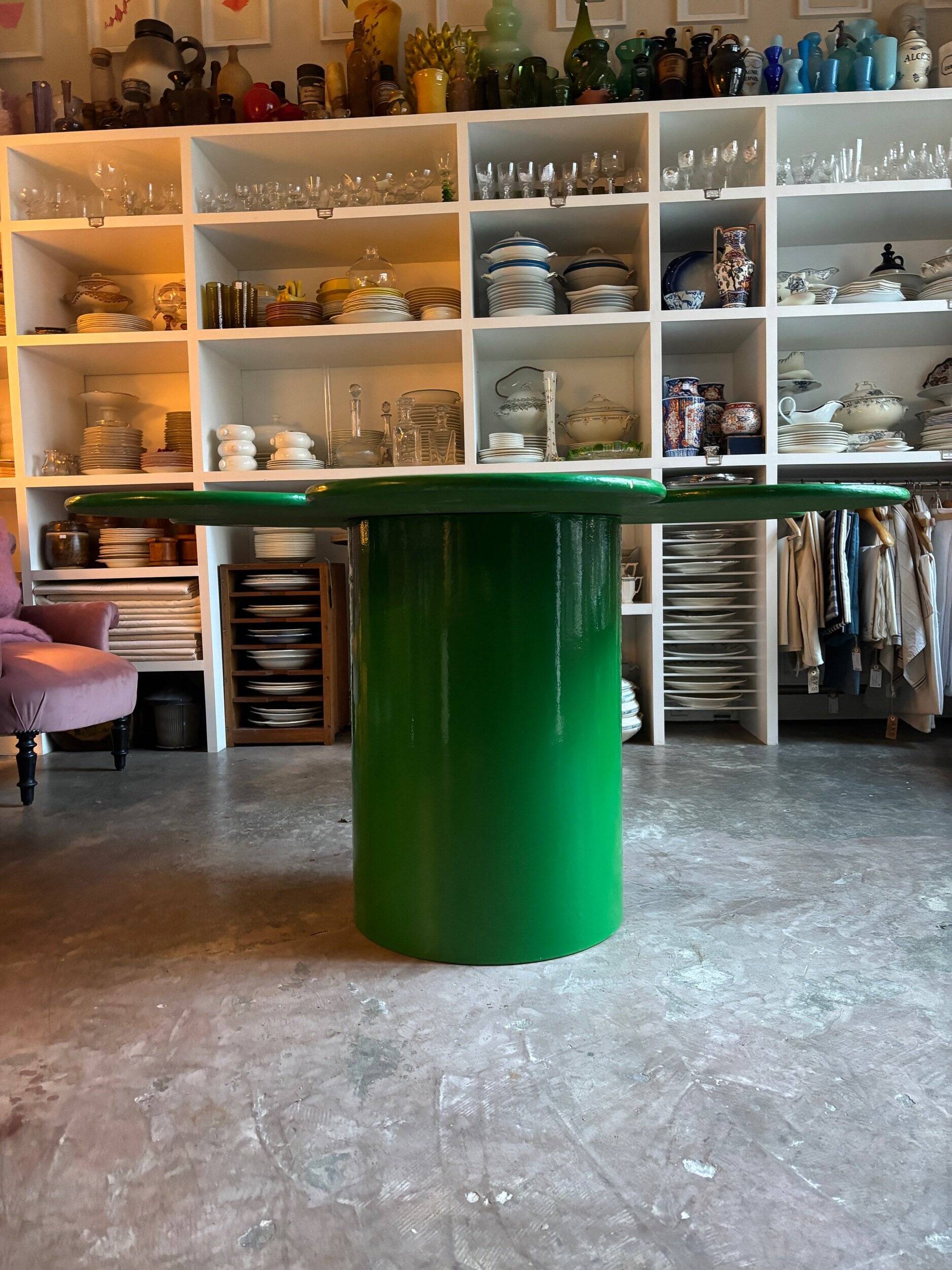 Tomotom table in wood and green metal by Bernard Holdaway, 1960