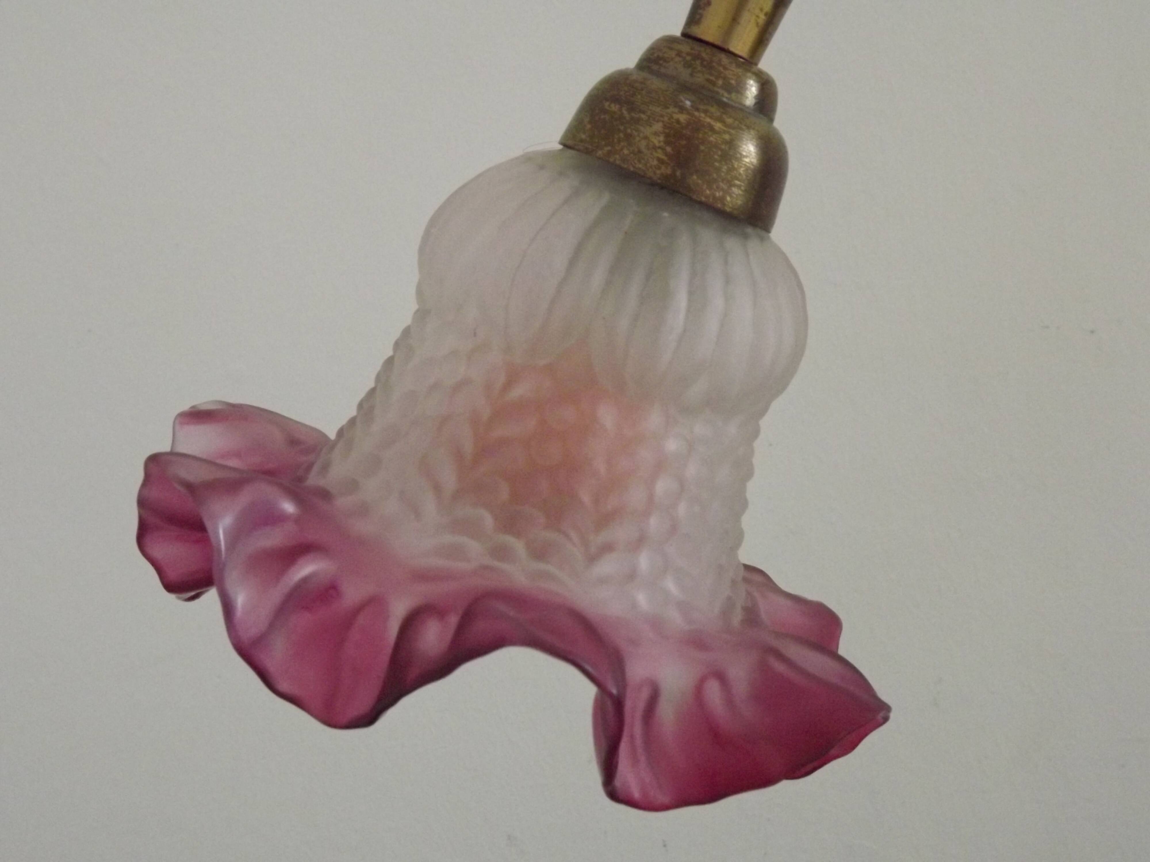 French Antique Brass Anglepoise Table Lamp Patterned Glass Pink Edged Shade 5131