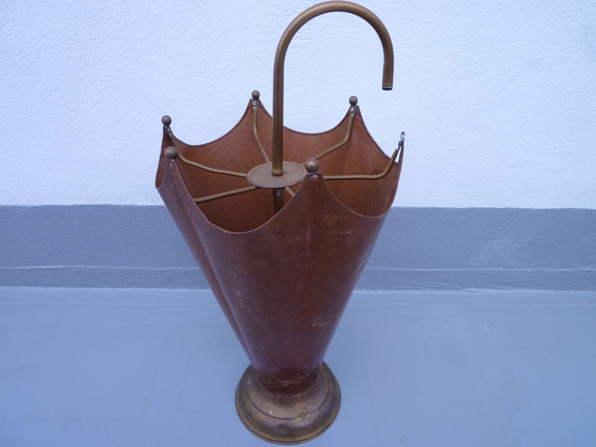 Hammered copper umbrella stand and brass