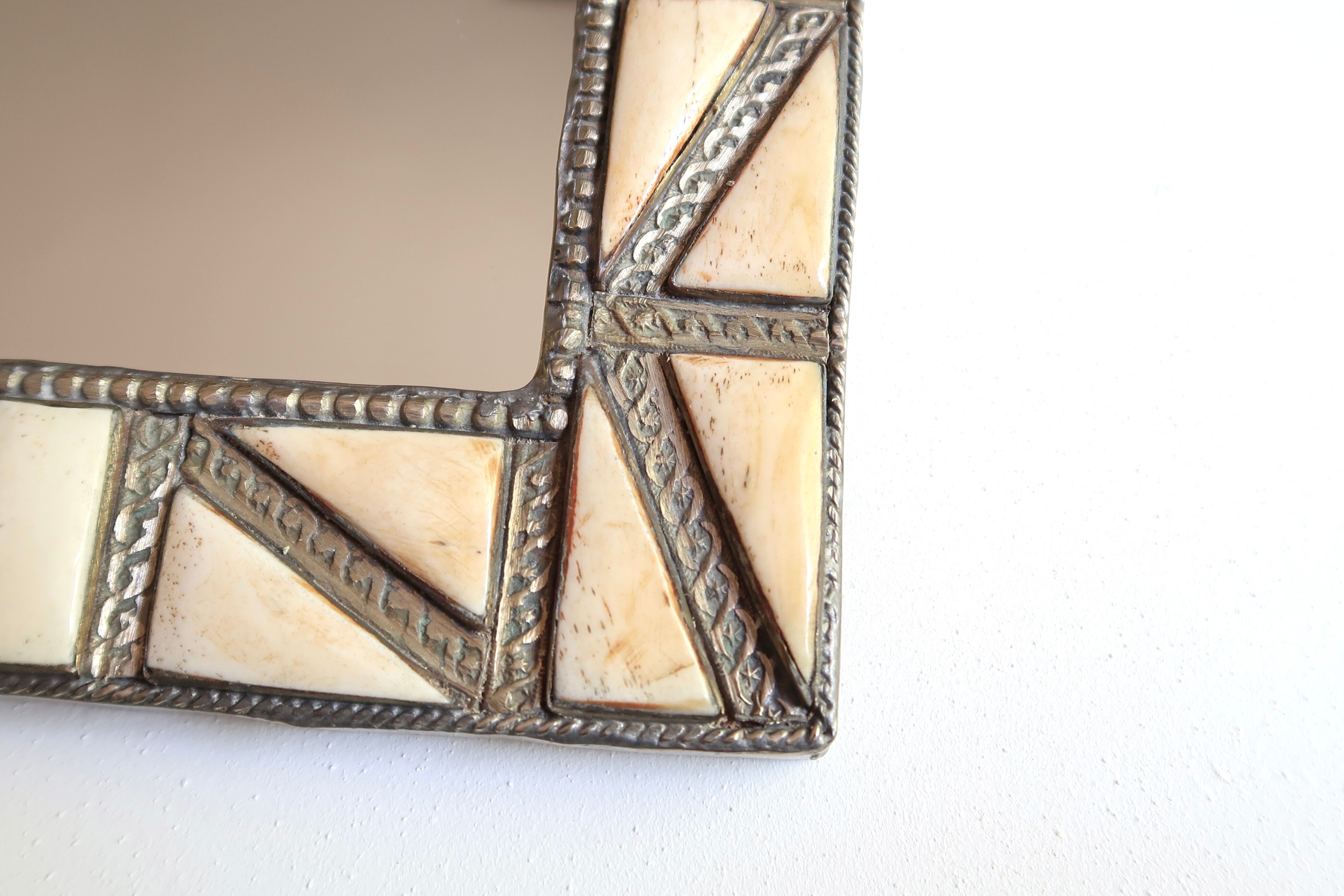 Moroccan brass mirror with bone inlays, 70s