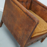 French cognac leather buttoned back club chair