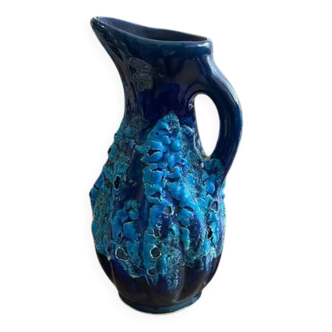 Pichet vase Vallauris vintage en céramique émaillée bleu profond pièce
