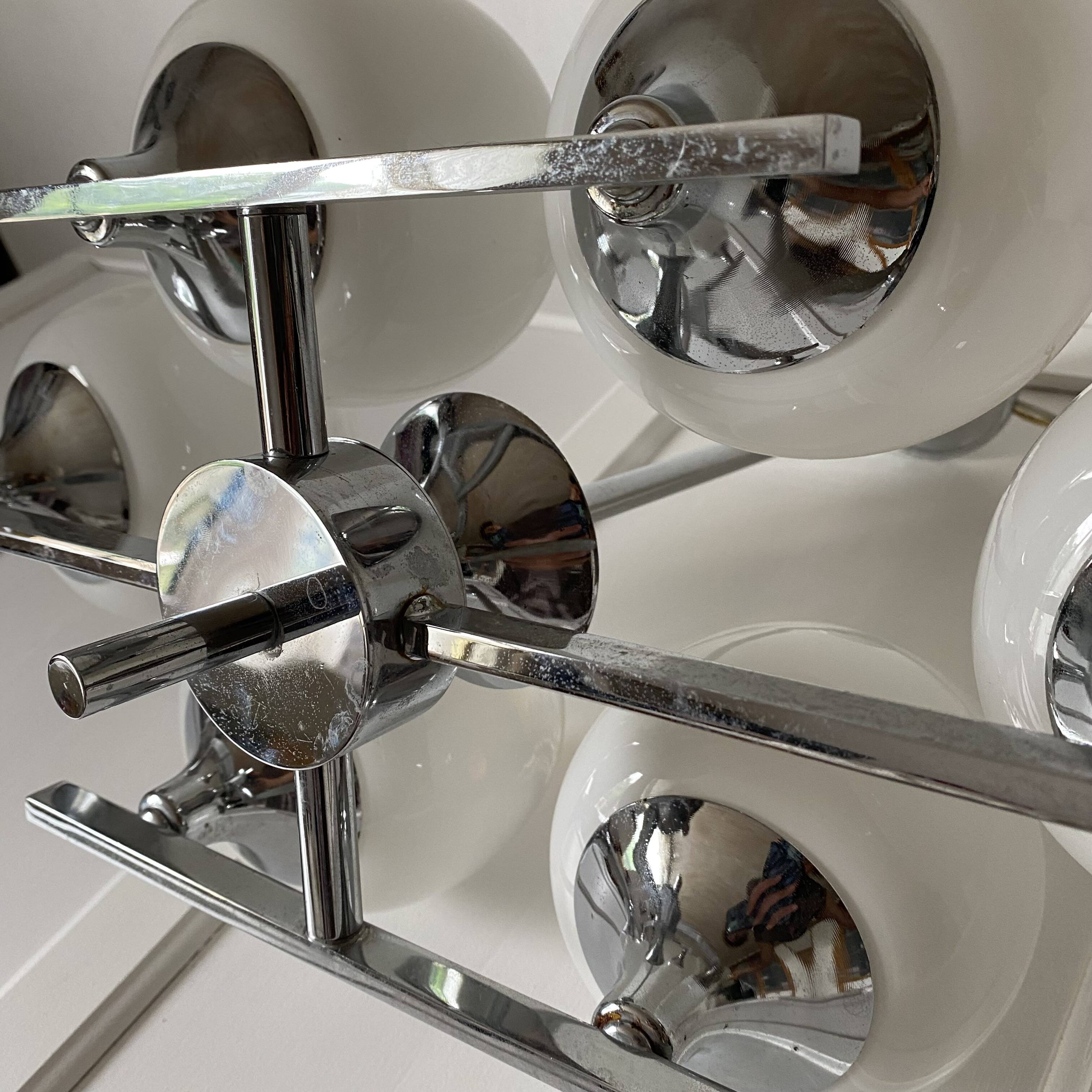 Space Age chandelier, Italian design, chrome and glass