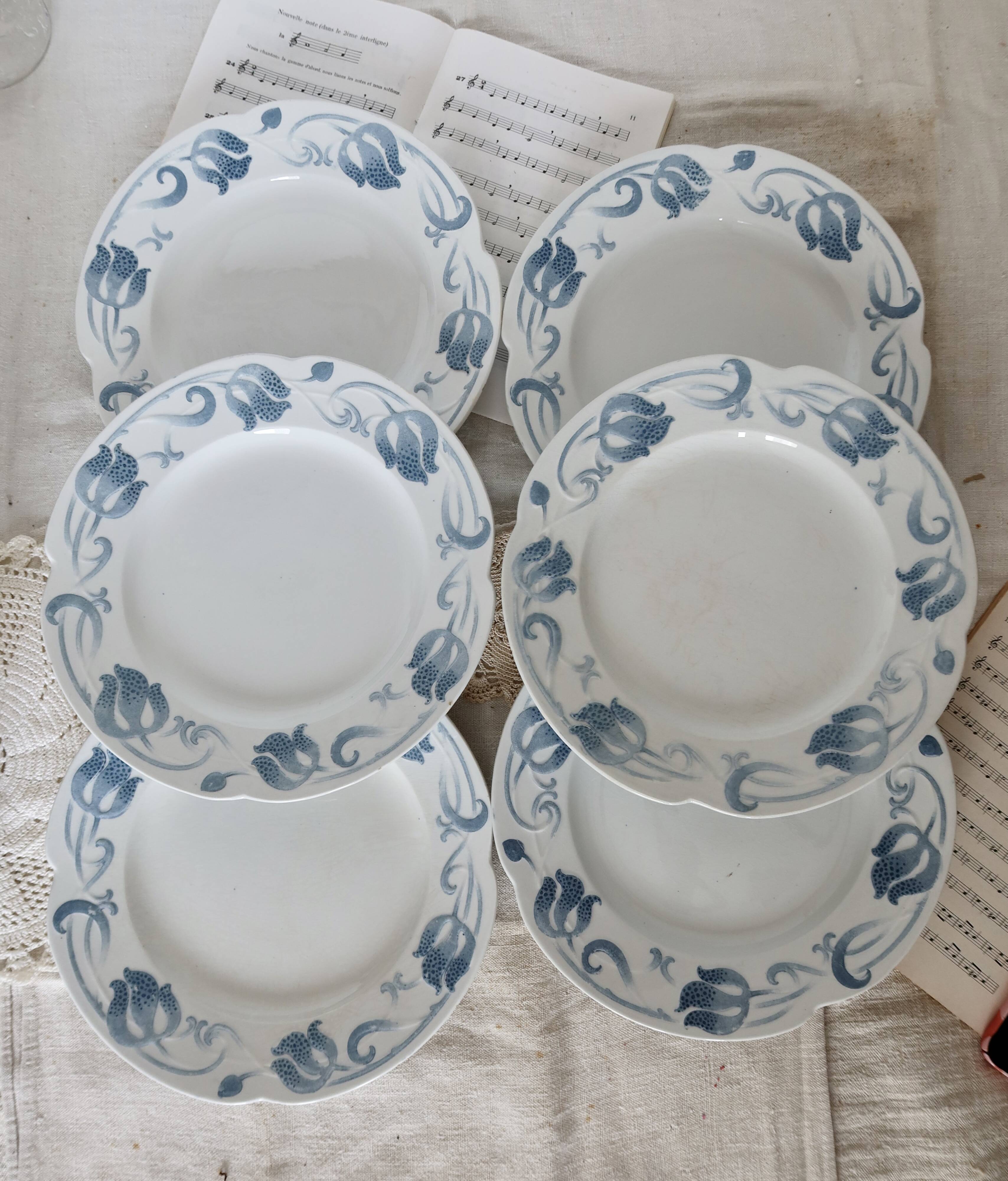 6 flat plates - Antique tableware set 82 pieces Sarreguemines earthenware Art Nouveau style